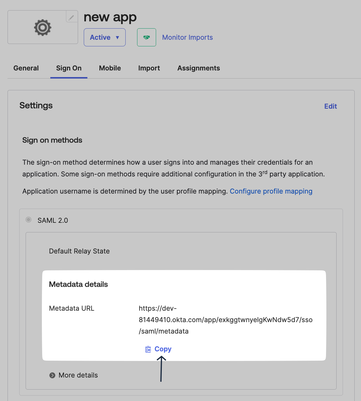 Copy Metadata URL from Okta Admin Console